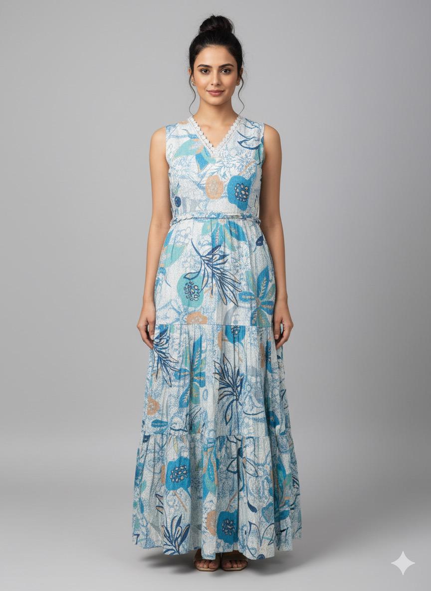 Shree Shanti Selection - Blue Floral Printed Long Kurti for Womens